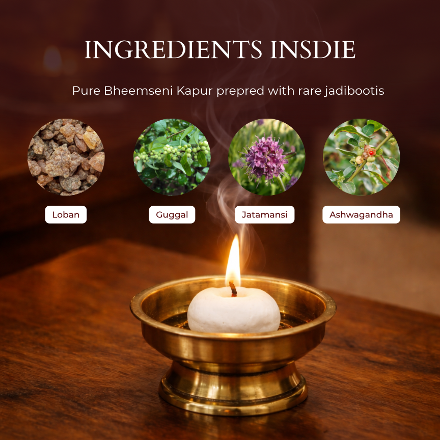 8-in-1 Rare Jadibooti Bhimseni Kapur Tikiya – For Positive Vibes & Nazar Protection with Guggal, Loban, Ashwagandha & Jatamansi