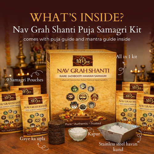 Navgraha Havan Samagri 9-in-1 Self Puja Kit – 9 Days Navgraha Shanti Ritual with Havan Kund, Rare Jadibooti Samagri, Kapur & Mantra Guide for Easy At-Home Havan (No Pandit Needed)