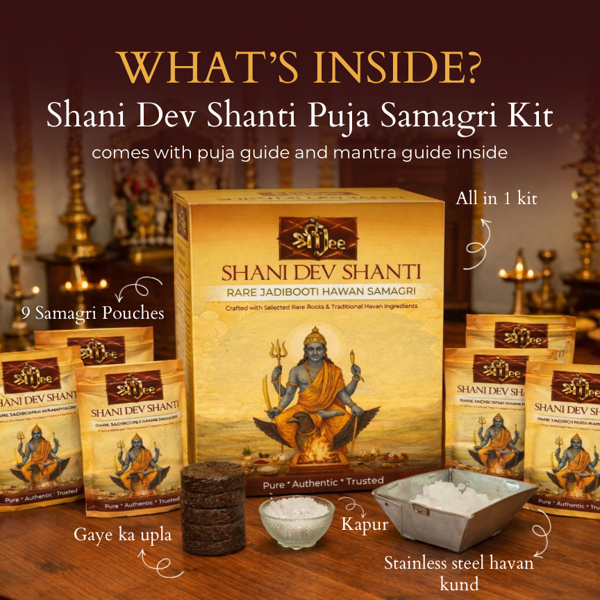 Shani Dev Shanti Havan Samagri 9-in-1 Self Puja Kit – 9 Days Powerful Shani Shanti Ritual with Havan Kund, Rare Jadibooti Samagri, Kapur & Mantra Guide for Easy At-Home Havan (No Pandit Needed)